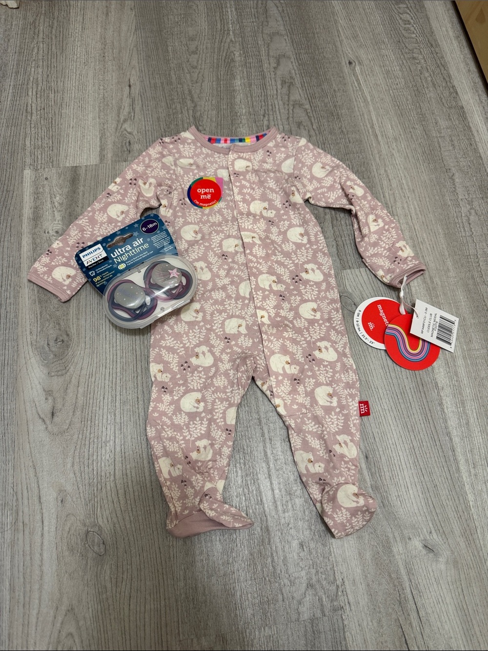 Magnetic Me Pink Bear Print One-Piece with Avent Glow in the Dark Pacifiers